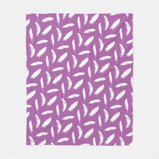 White Feather Print on Amethyst Purple Fleece Blanket (Front)