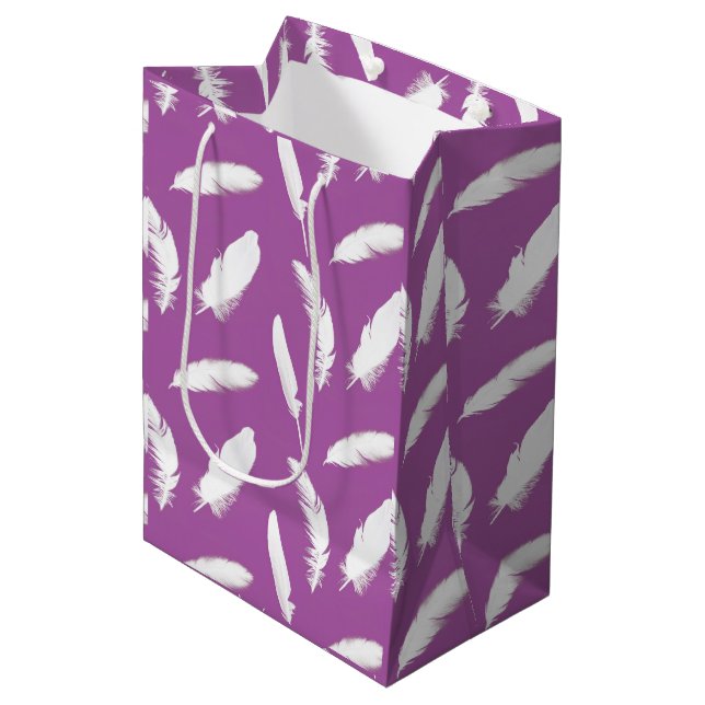 White feather print on amethyst purple medium gift bag (Front Angled)