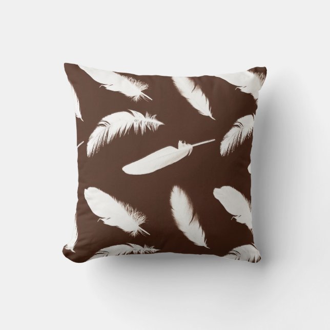 White feather print on chocolate brown cushion (Front)