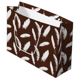 White feather print on chocolate brown large gift bag