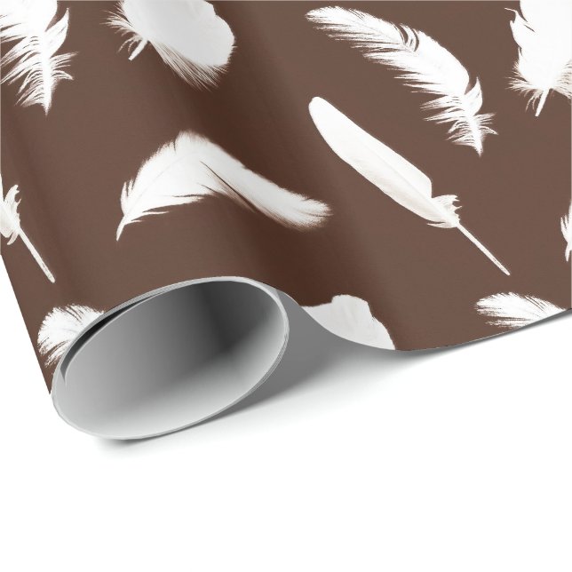 White feather print on chocolate brown wrapping paper (Roll Corner)