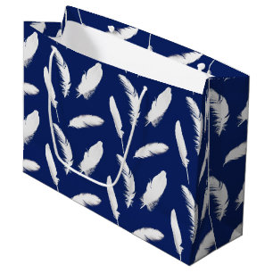 White feather print on dark blue large gift bag