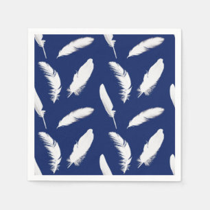 White feather print on dark blue / navy napkin