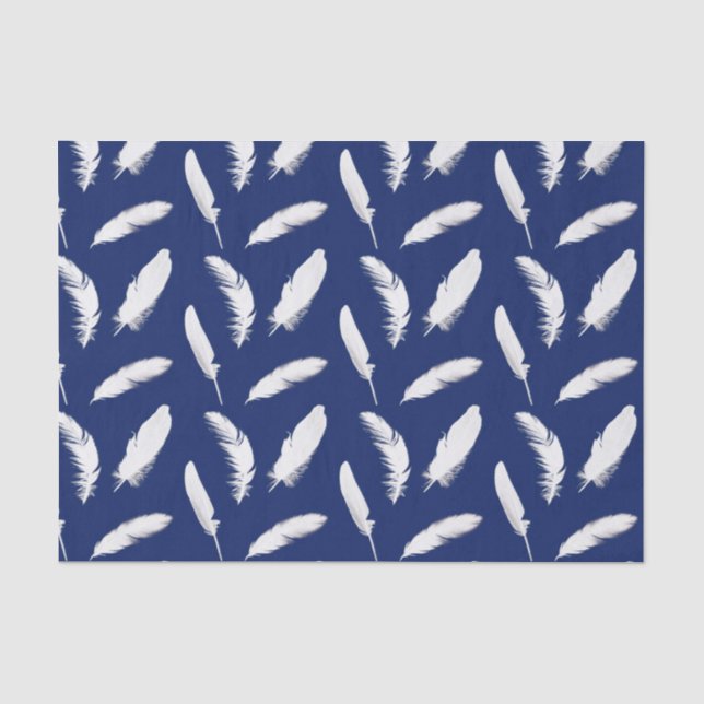 White feather print on dark blue tissue paper (Front)