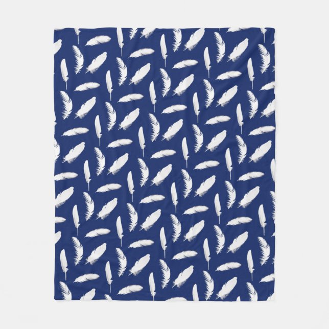 White Feather Print on Dark Navy Blue Fleece Blanket (Front)