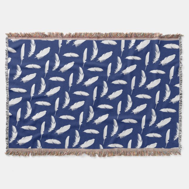 White Feather Print on Dark Navy Blue Throw Blanket (Front)