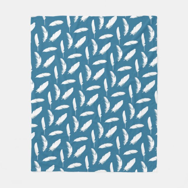 White Feather Print on Denim Blue Fleece Blanket (Front)