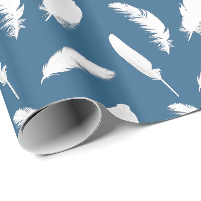White feather print on denim blue wrapping paper (Roll Corner)
