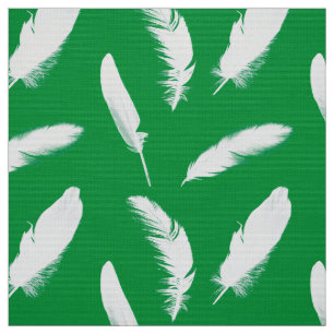 White feather print on jade green fabric