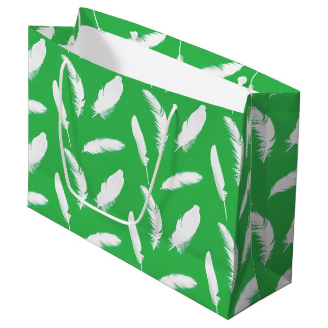 White feather print on jade green large gift bag (Front Angled)