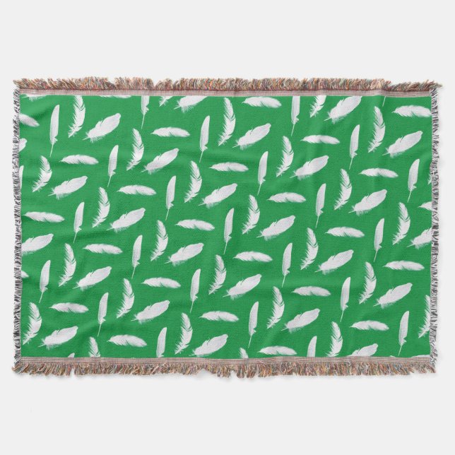 White Feather Print on Jade Green Throw Blanket (Front)