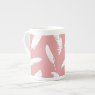 White feather print on shell pink bone china mug