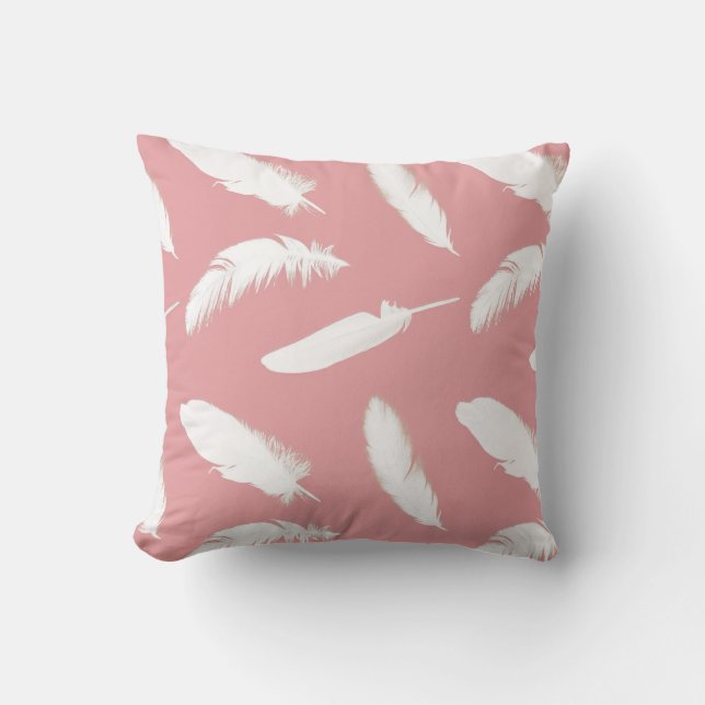 White feather print on shell pink cushion (Front)