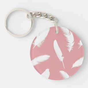 White feather print on shell pink key ring