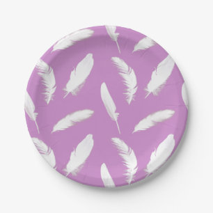 White feather print on soft amethyst purple paper plate