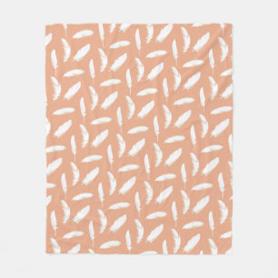 White Feather Print on Soft Peach Fleece Blanket