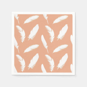 White feather print on soft peach napkin