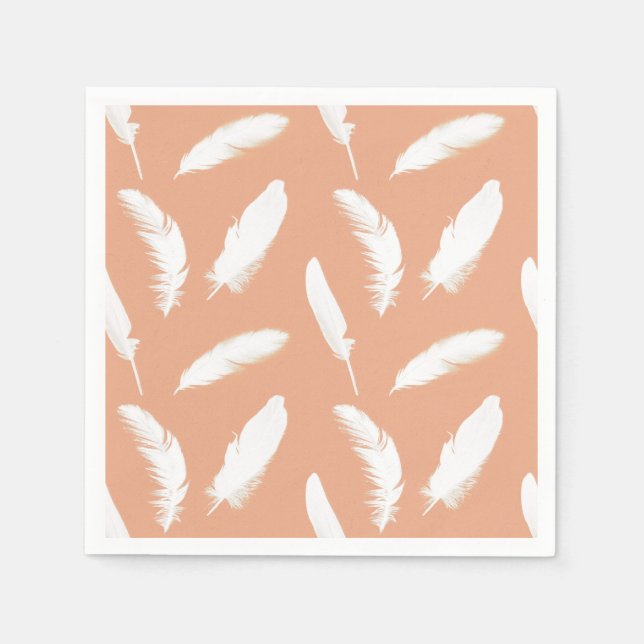 White feather print on soft peach napkin (Front)