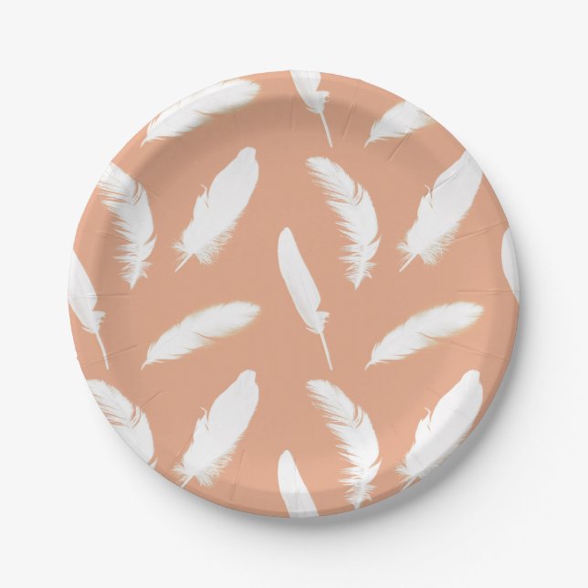 White feather print on soft peach paper plate (Front)