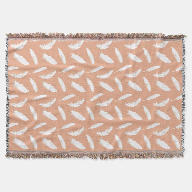 White feather print on soft peach throw blanket (Front)