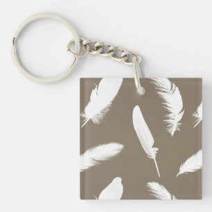 White feather print on taupe key ring