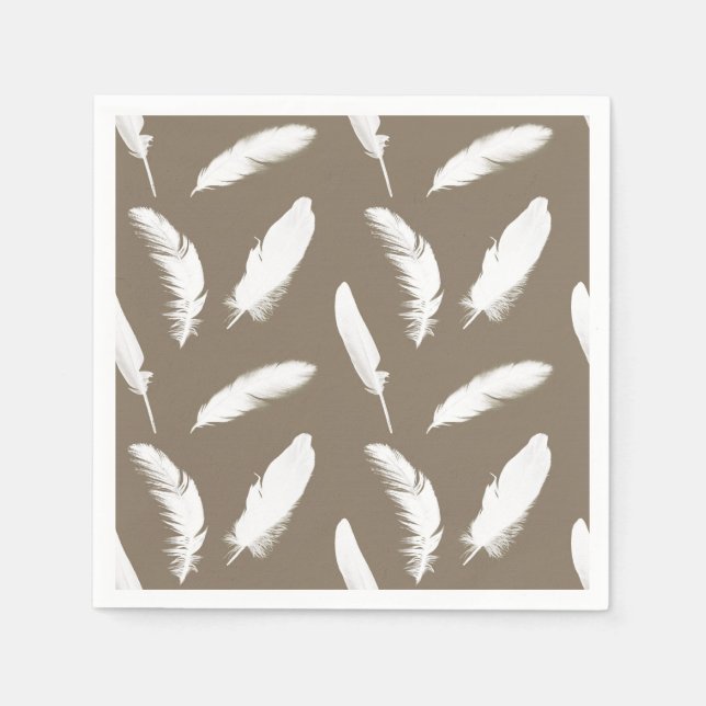 White feather print on taupe tan napkin (Front)