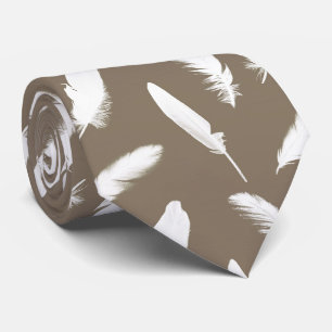 White feather print on taupe tie