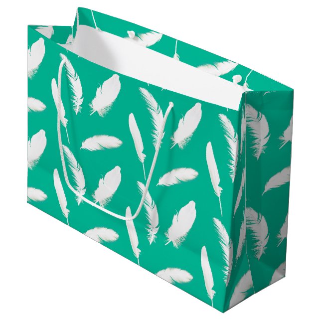 White feather print on turquoise large gift bag (Front Angled)