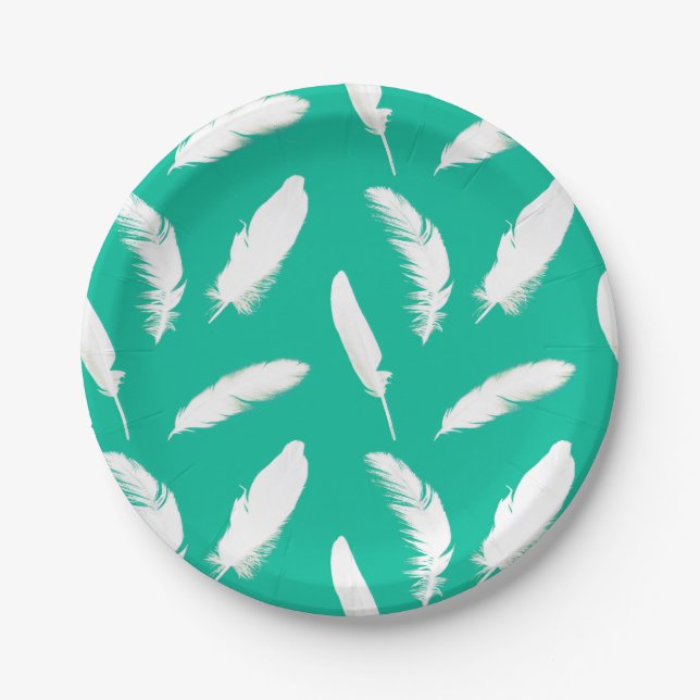 White feather print on turquoise / peacock paper plate (Front)
