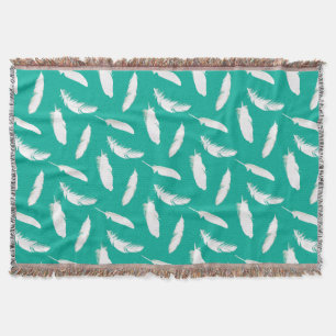 White Feather Print on Turquoise Throw Blanket