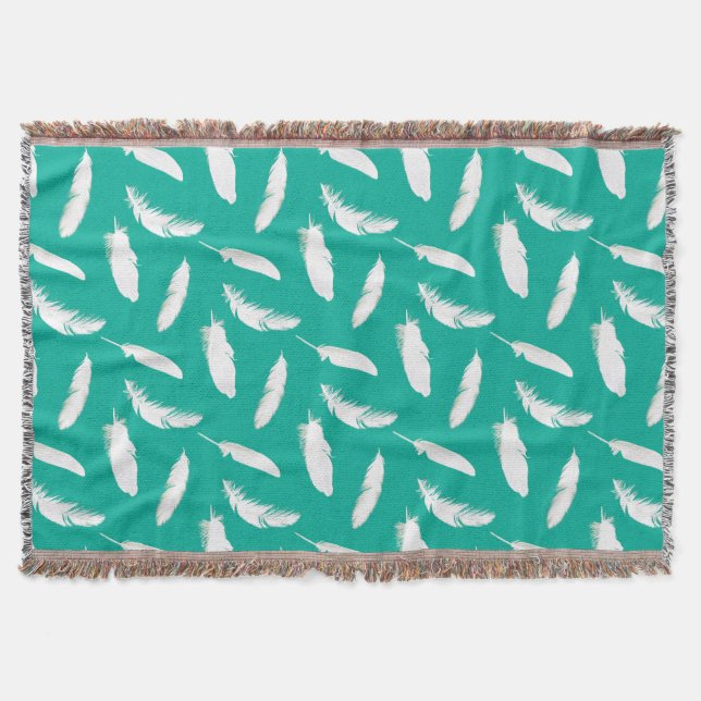 White Feather Print on Turquoise Throw Blanket (Front)