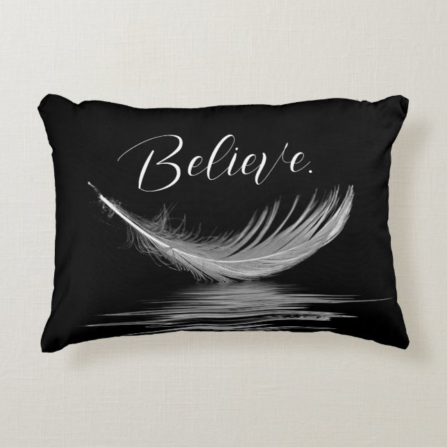 White Feather Reflection on Black  Decorative Cushion (Front)