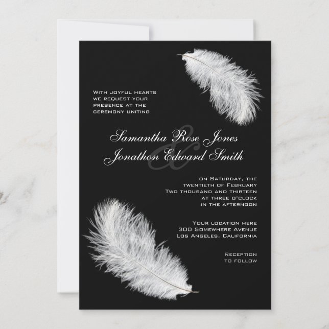 White Feathers Black Wedding Invitation (Front)