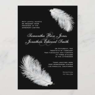 White Feathers Black Wedding Invitation