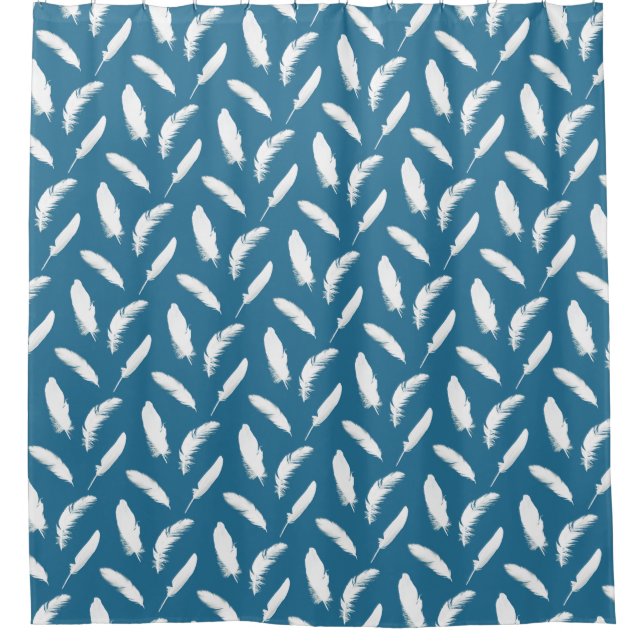 White Feathers on Denim Blue Shower Curtain (Front)