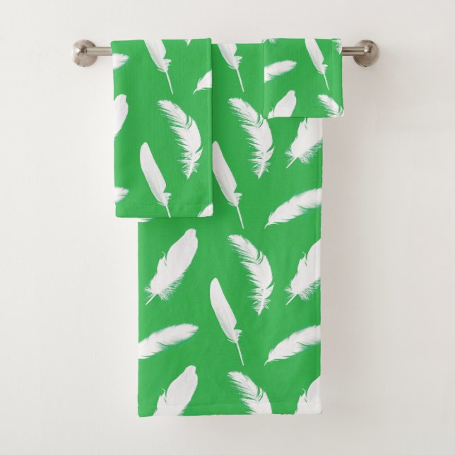 White Feathers on Jade Green Bath Towel Set (Insitu)