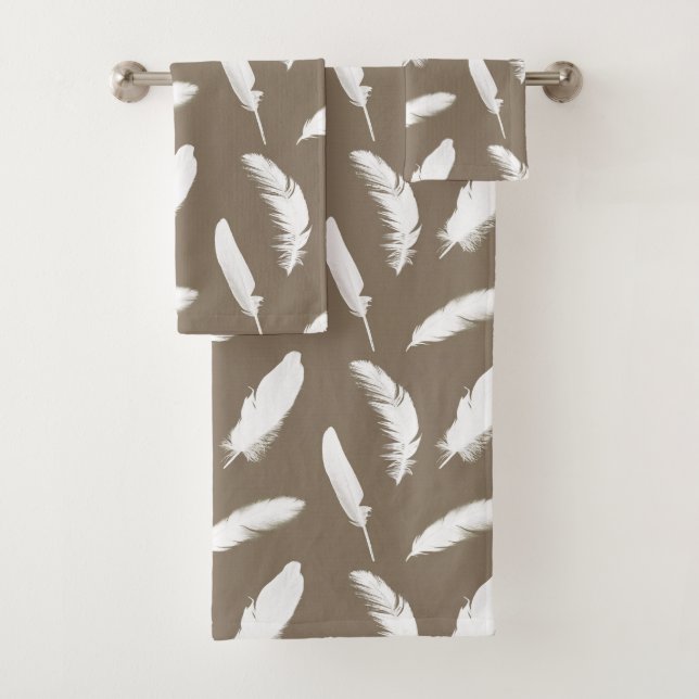 White Feathers on Taupe Tan Bath Towel Set (Insitu)