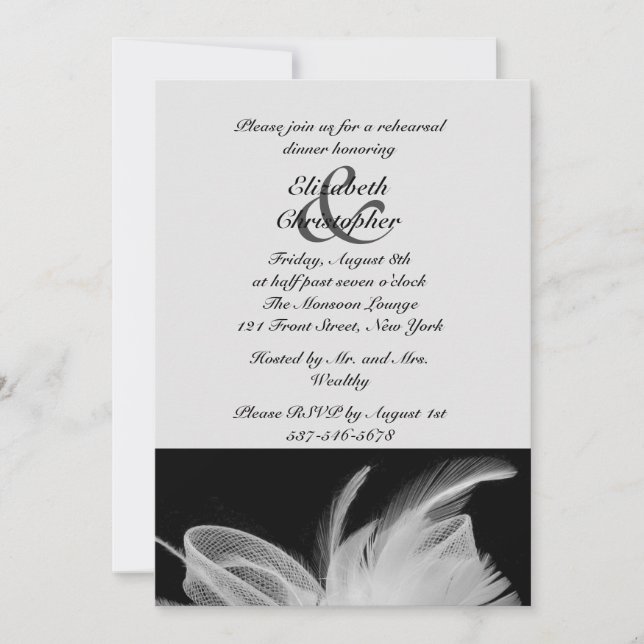 White Feathers Rehearsal Dinner Invitation (Front)
