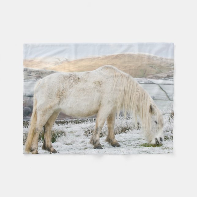White Fell Pony on Moorland in Winter Fleece Blanket (Front (Horizontal))