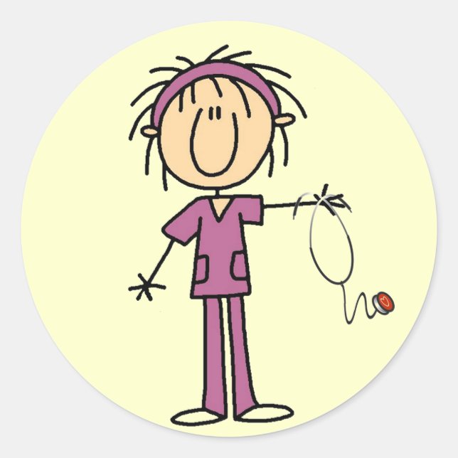 White Female  Stick Figure Nurse T-shirts and Gift Classic Round Sticker (Front)