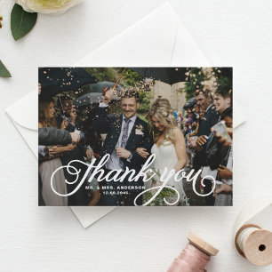 White Feminine Rustic Script Photo Wedding Thank You Card