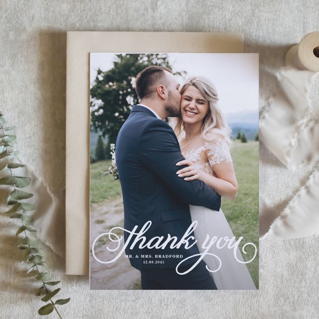 White Feminine Script Photo Wedding Thank You (Creator Uploaded)