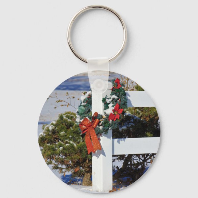 White Fence with a Red Ribbon Key Chain (Front)