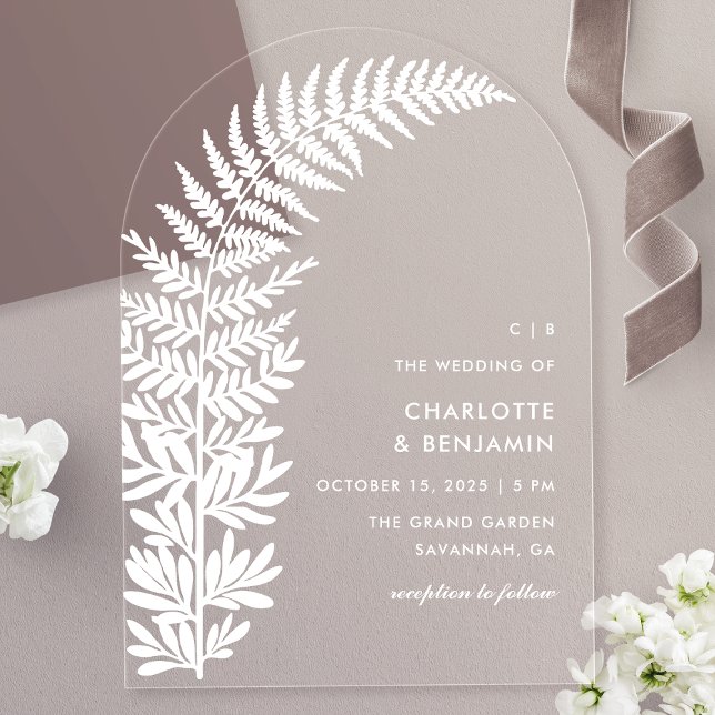 White Fern Modern Minimalist Arch Wedding Acrylic Invitations (Creator Uploaded)