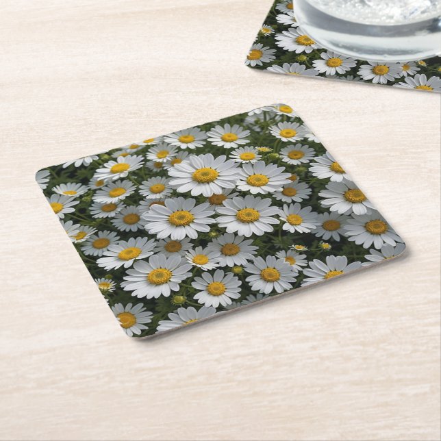 White Feverfew Flowers Square Paper Coaster (Angled)