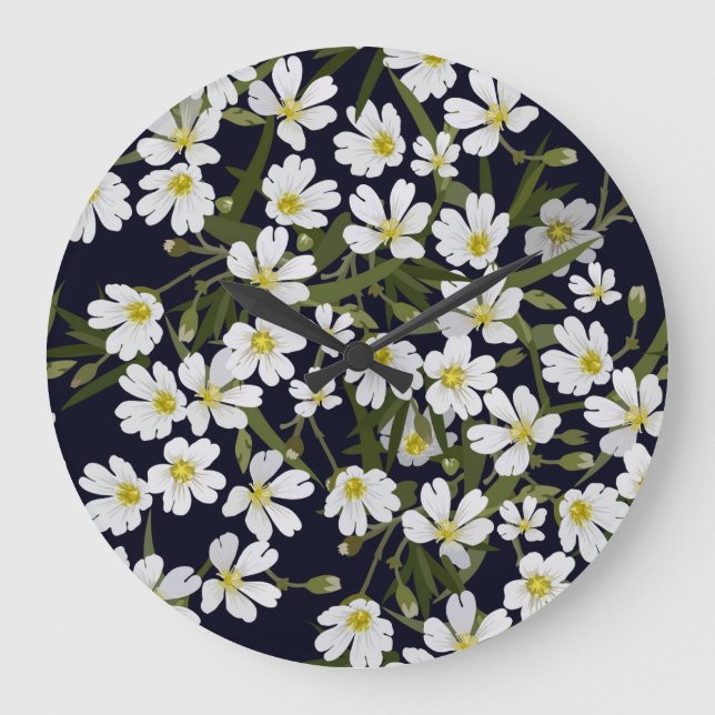White field flowers: vintage pattern. large clock (Front)