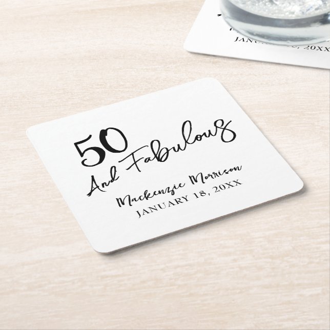 White Fifty and Fabulous Script Birthday Party Square Paper Coaster (Angled)