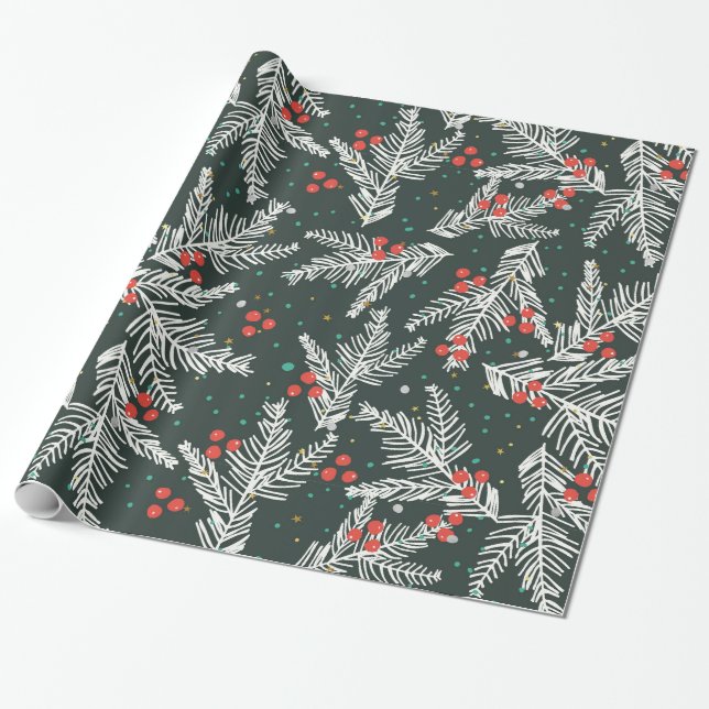 White Fir Branches- Christmas Decoration Wrapping Paper (Unrolled)