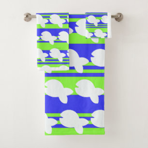 White Fishy Fishy Blue Green Stripe Bath Towel Set