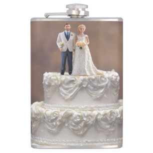 White Five Tier Wedding Cake With Bridal Couple, Hip Flask